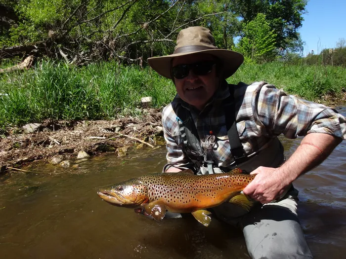 A guided angler holding a brown trout in the shallows