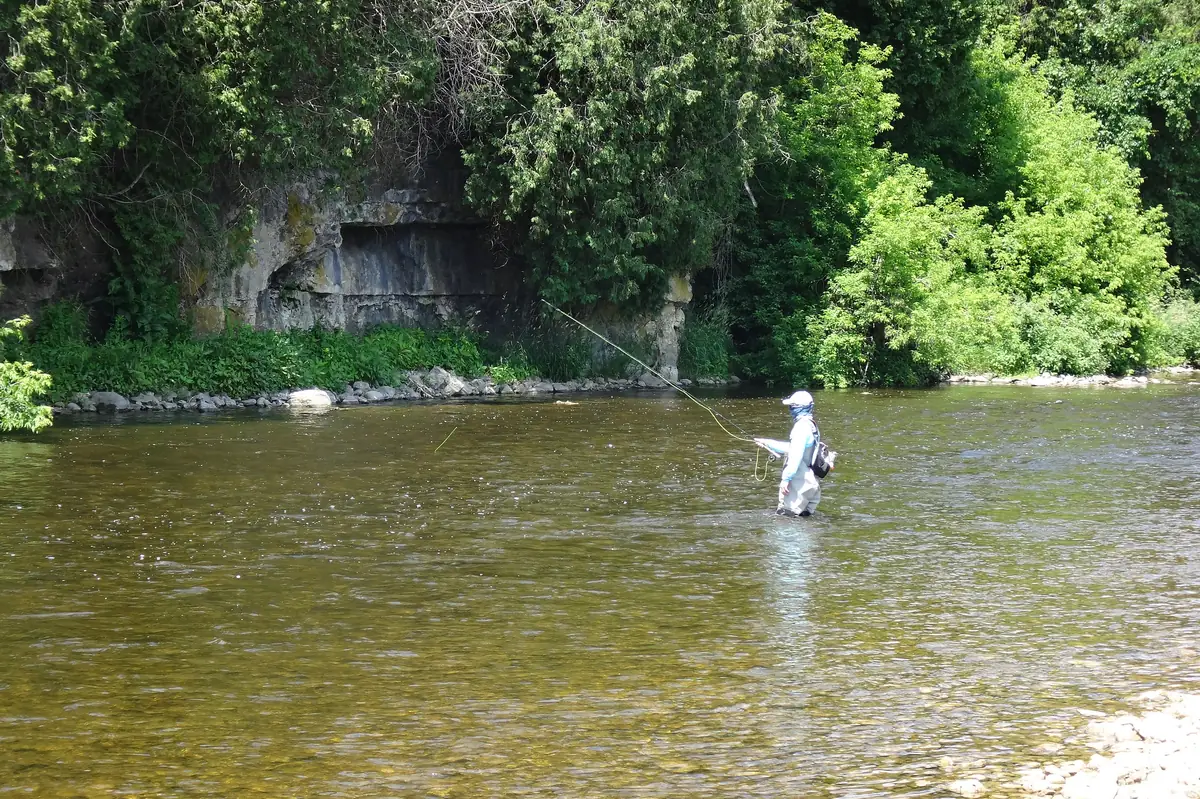 An angler wading a limestone-walled run, rod high, tight-lining nymphs through the current