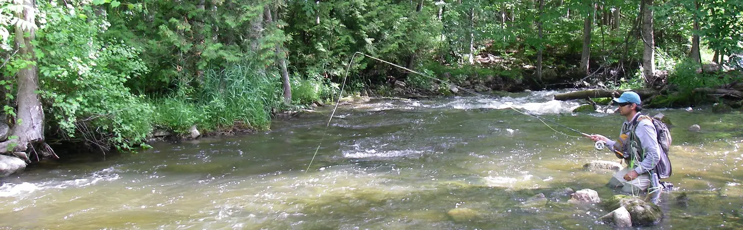 An angler mid-river with a long rod raised and line lifting off the water, tight-line nymphing