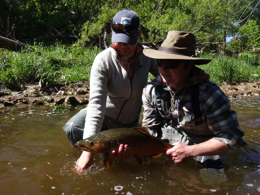 Two anglers together in the river with a brown trout between them